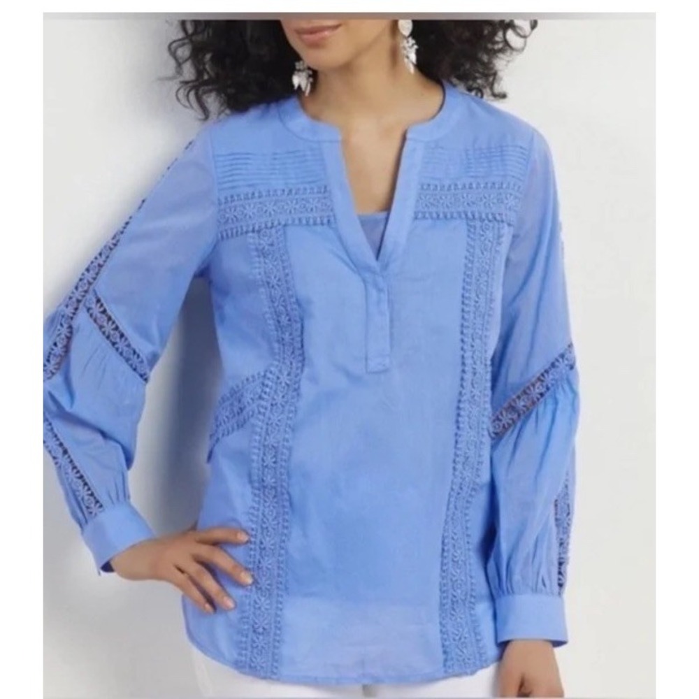 Soft Surroundings Trianon Blouse 3X Crochet Lace Dusty Blue Boho 5EA62 NEW